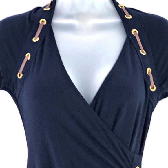 Carmen Marc Valvo Cut & Sew Dress Laced Blue Wrap BodyCon Stretch SMALL - Picture 3 of 7